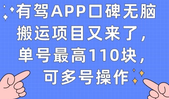 有驾APP口碑无脑搬运项目又来了，单号最高110块，可多号操作-云创网