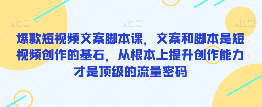 爆款短视频文案脚本课，文案和脚本是短视频创作的基石，从根本上提升创作能力才是顶级的流量密码-云创网